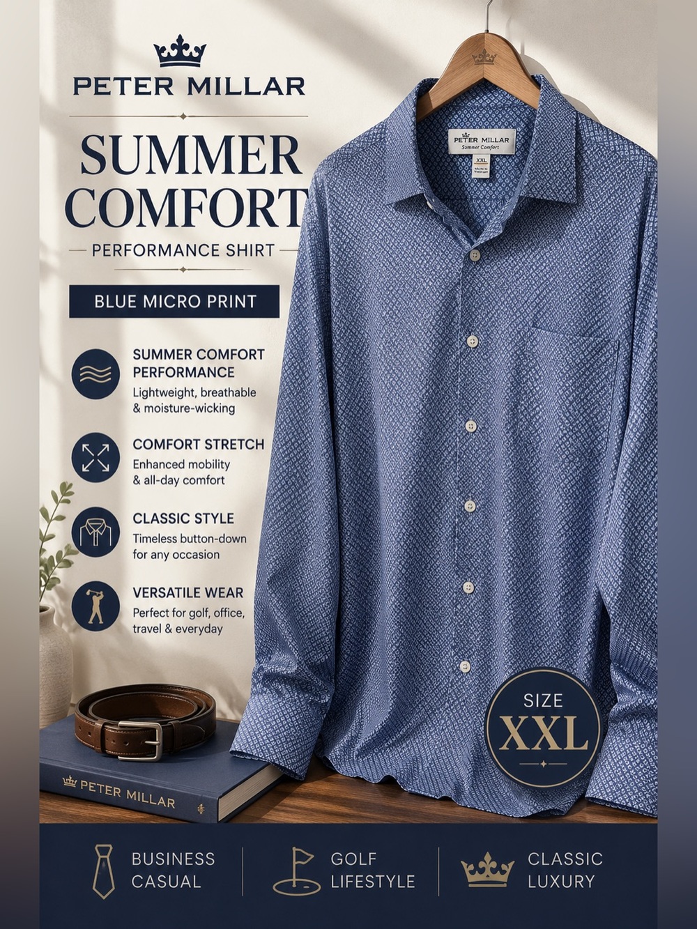 Peter Millar Summer Comfort Performance Button-Down Shirt Blue Print XXL